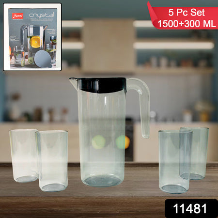 Apex Crystal Premium Jug With Lid  4 Pcs Glass (1500 Ml  300 Ml Approx  5 Pcs Set) Wukusy