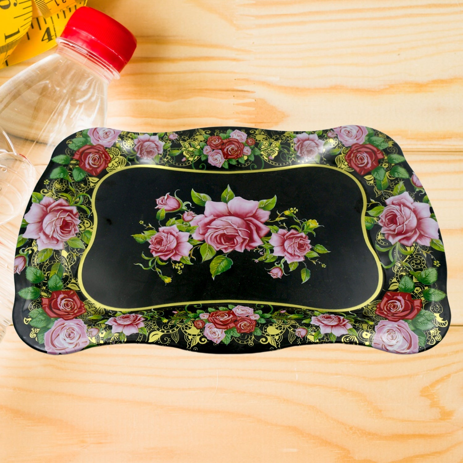 5537 Stainless Steel Serving Tray With Flower Printed Rectangle Premium Dining Table Plate (18 X 8.5 Inch  1 Pc) Wukusy