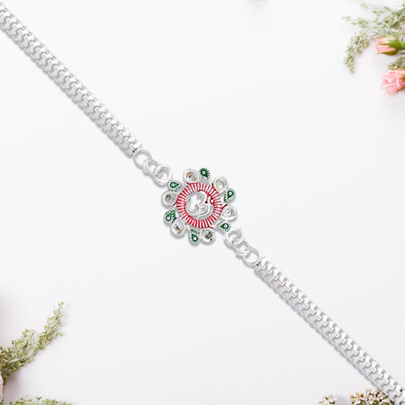 Elegant Floral Om Rakhi With Pink-green Accents Wukusy