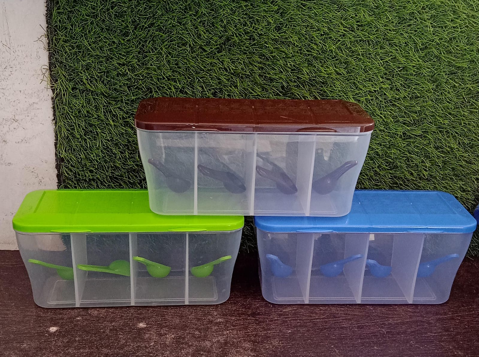 5578 Kitchen Multipurpose Air-tight 4 Sections Storage Containers  Pickle (Achar) Jar With 4 Spoon For Each Section (1 Pc  Mix Color) Wukusy