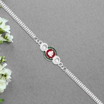 Shiny Silver Rakhi With Ganesha Emblem And Elegant Dual Chain Design Wukusy