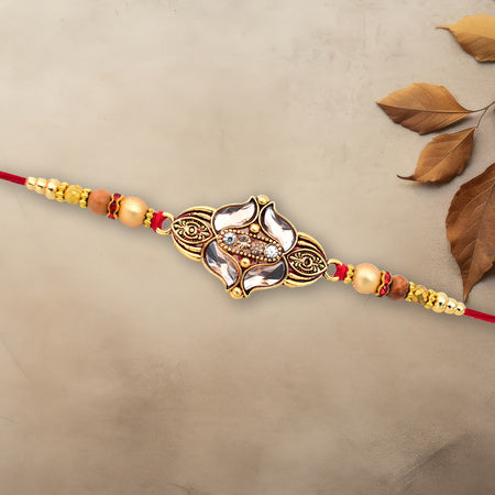 Elegant Floral Designer Rakhi With Gold-toned Beads  Red Thread Wukusy