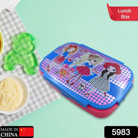 5983 Cartoon Printed Plastic Lunch Box With Inside Small Box  Spoon For Kids Air Tight Lunch Tiffin Box For Girls Boys Food Container Specially Designed For School Going Boys And Girls Wukusy