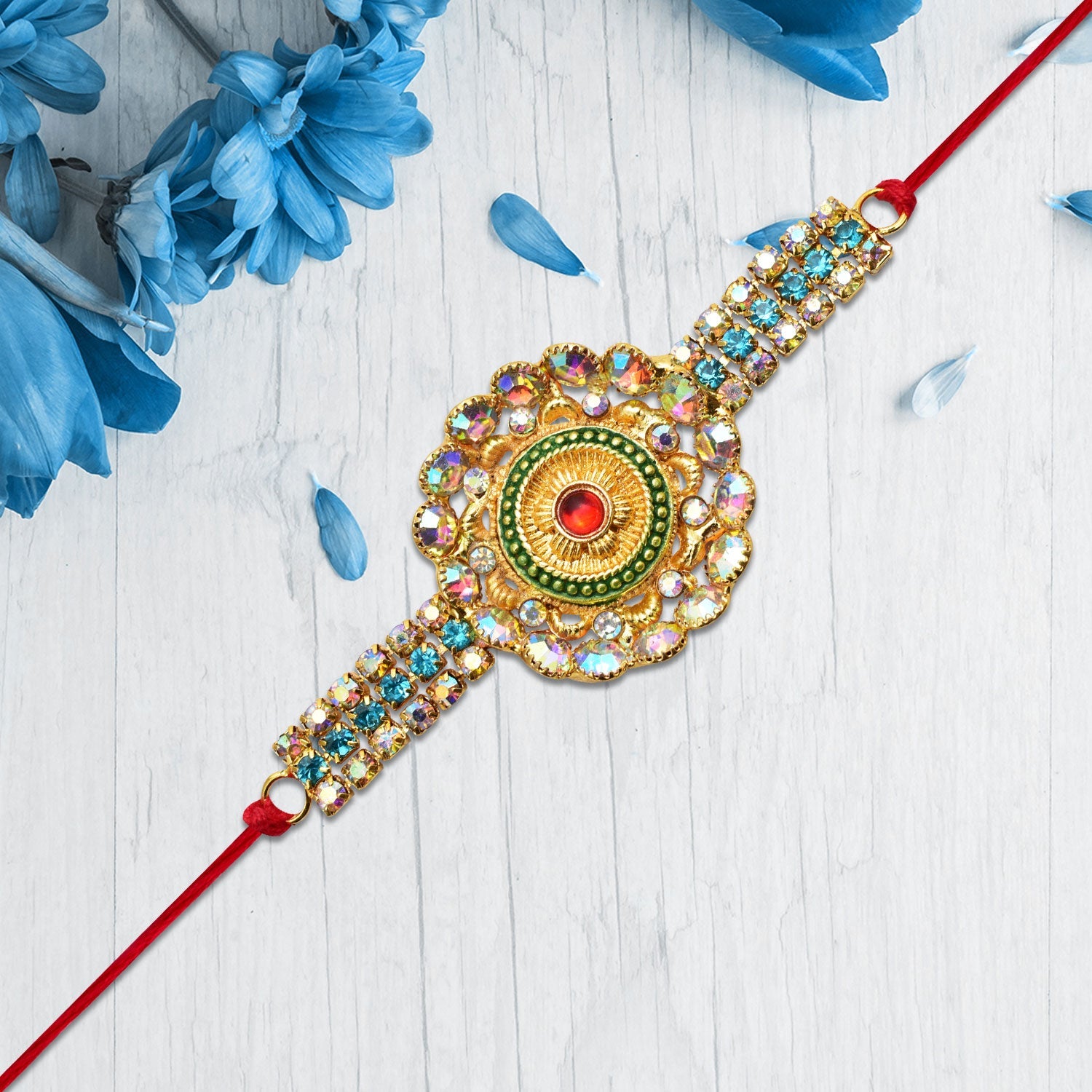 Grand Kundan Rakhi With Multicolor Stones Wukusy