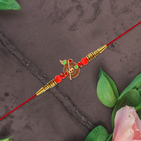 Red Beaded Rakhi With Krishna Symbol Wukusy