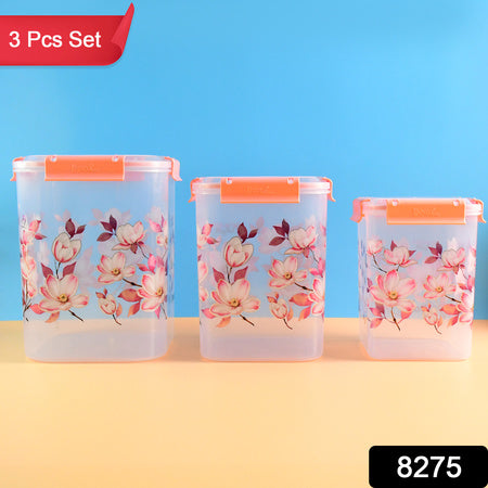 Square 3 Pcs Floral Printed Airtight Storage Container Set  Approx 2.8 Ltr 4.5 Ltr 6.9 Ltr (3 Pcs Set) Wukusy