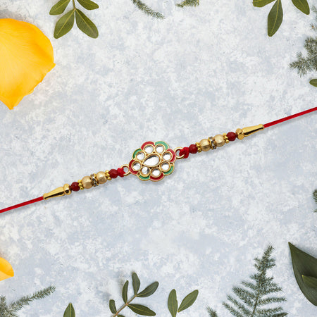 Kundan Work Floral Rakhi With Red Thread Wukusy