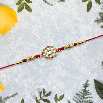 Kundan Work Floral Rakhi With Red Thread Wukusy