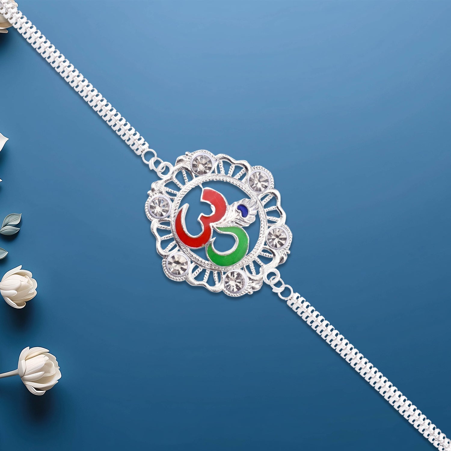 Silver Om Rakhi With Stone Embellishments Wukusy