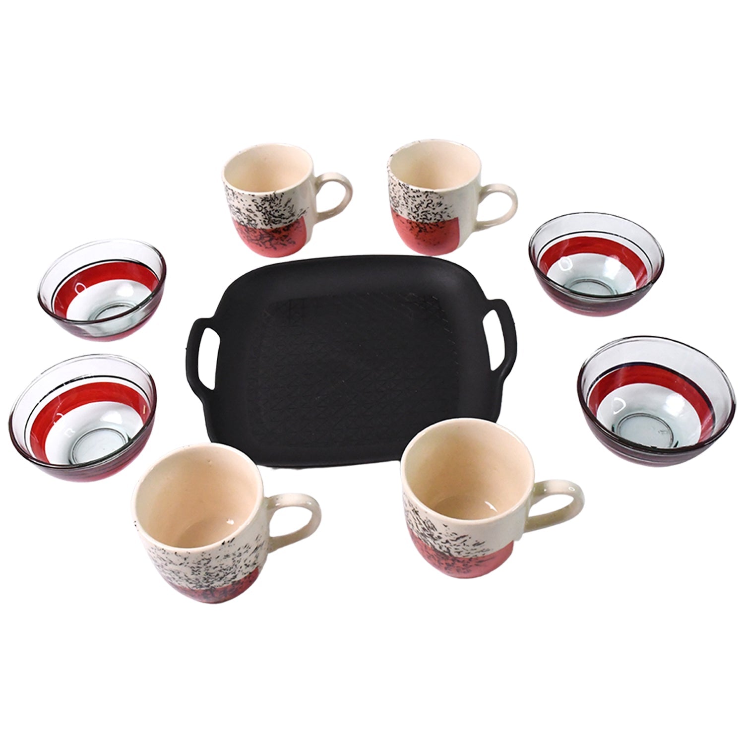 Healthy Choice Set Of 4pc Ceramic Cup And 4pc Glass Bowl With Plastic Plate (9 Pcs Set) Wukusy