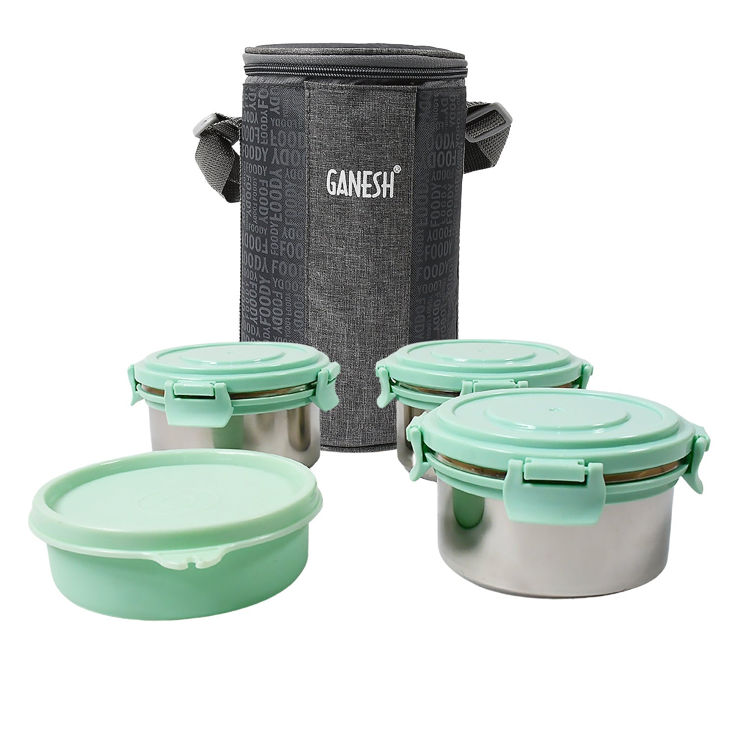 8717 4in1tiffin Box-lunch Box  3 Stainless Steel Containers 300 Ml Approx  Plastic Salad Container 200 Ml Approx Plastic Lid Box  Round Zip Bag  Leak Proof  Microwave Safefor Office College And School For Men Women Wukusy