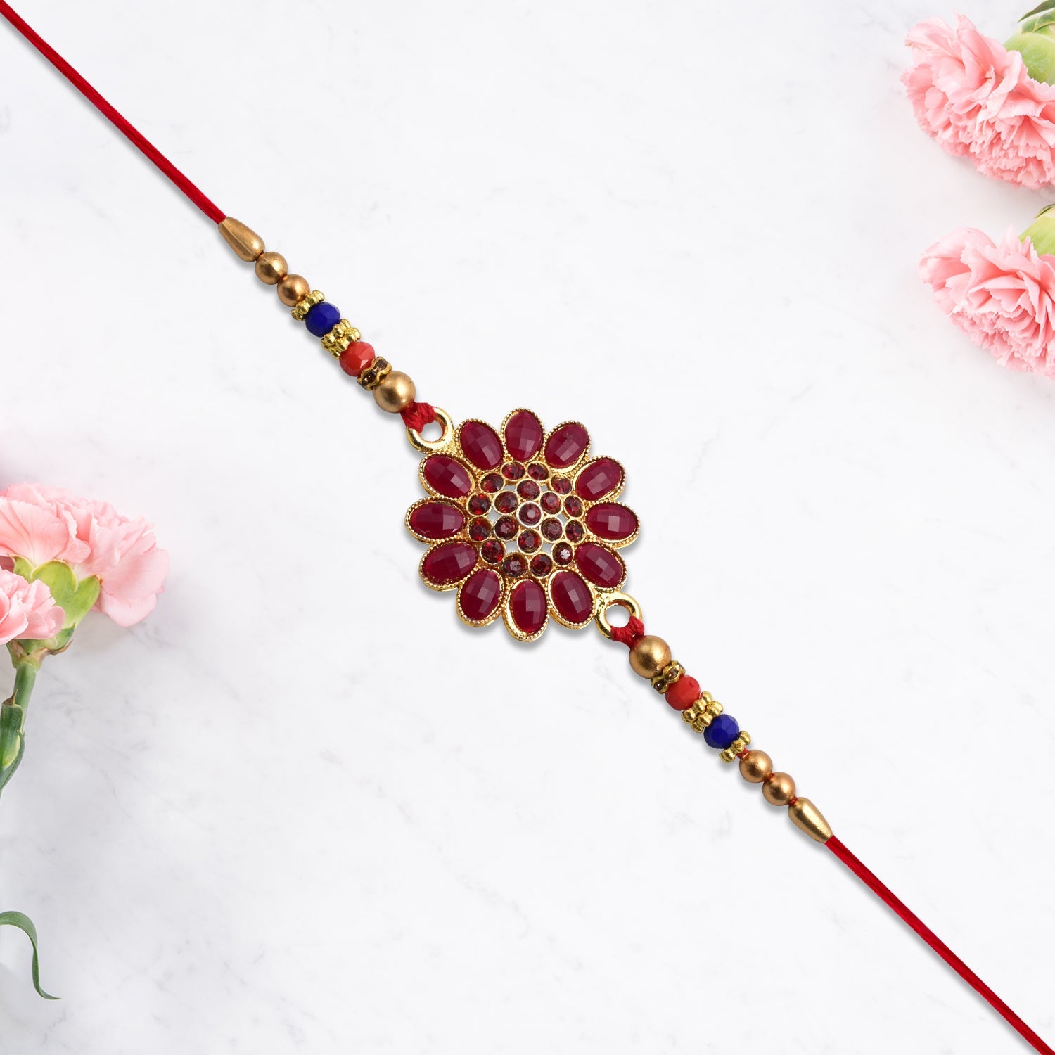 Red Floral Stone Rakhi With Bead Accents Wukusy
