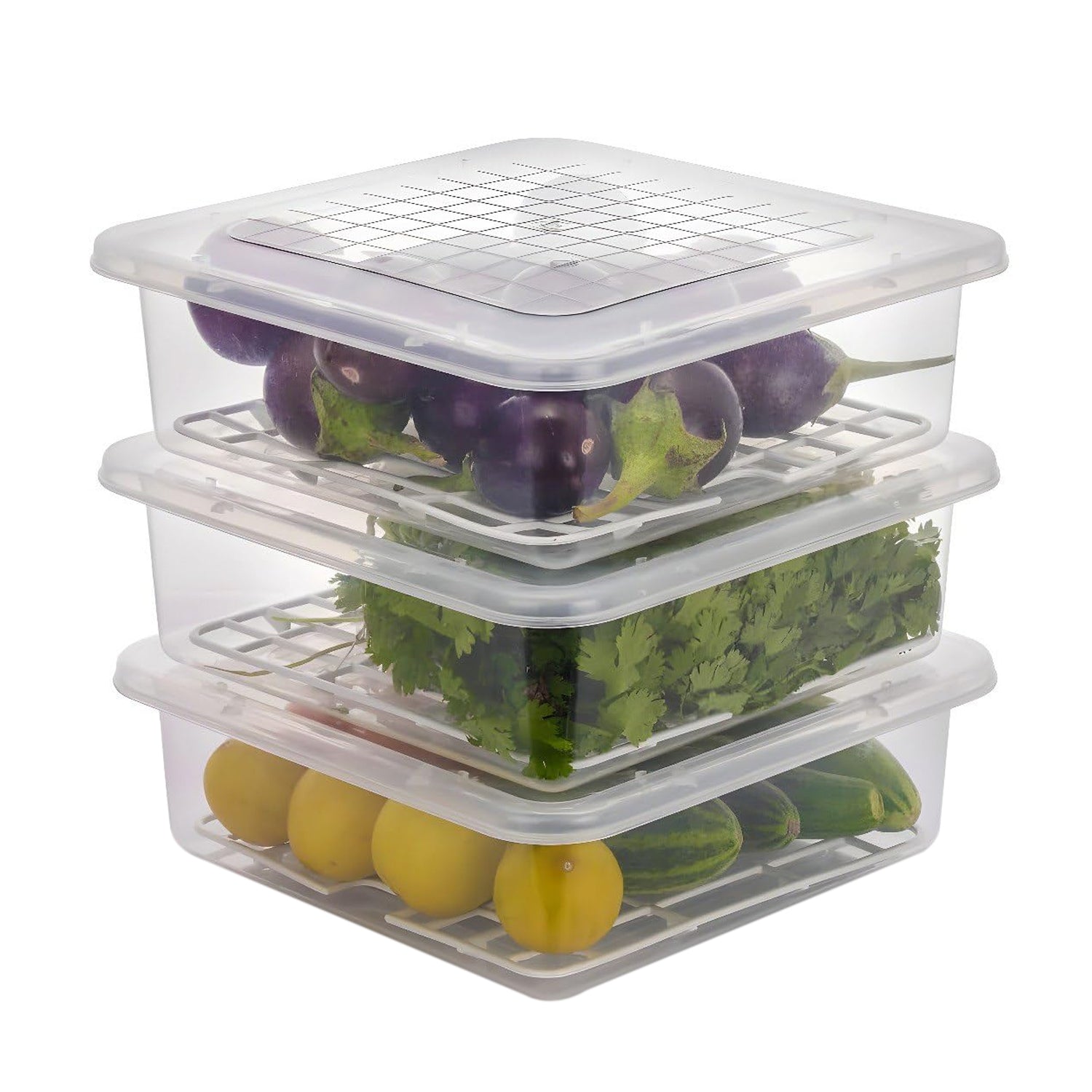 Plastic Food Storage Containers With Removable Drain Tray And Lid (3 Pcs Set) Wukusy