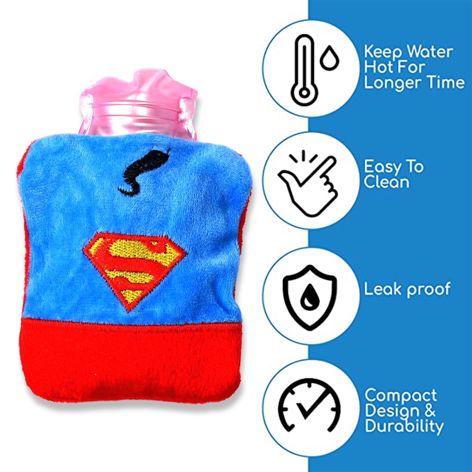 6530 Superman Print Small Hot Water Bag With Cover For Pain Relief Neck Shoulder Pain And Hand Feet Warmer Menstrual Cramps. Wukusy