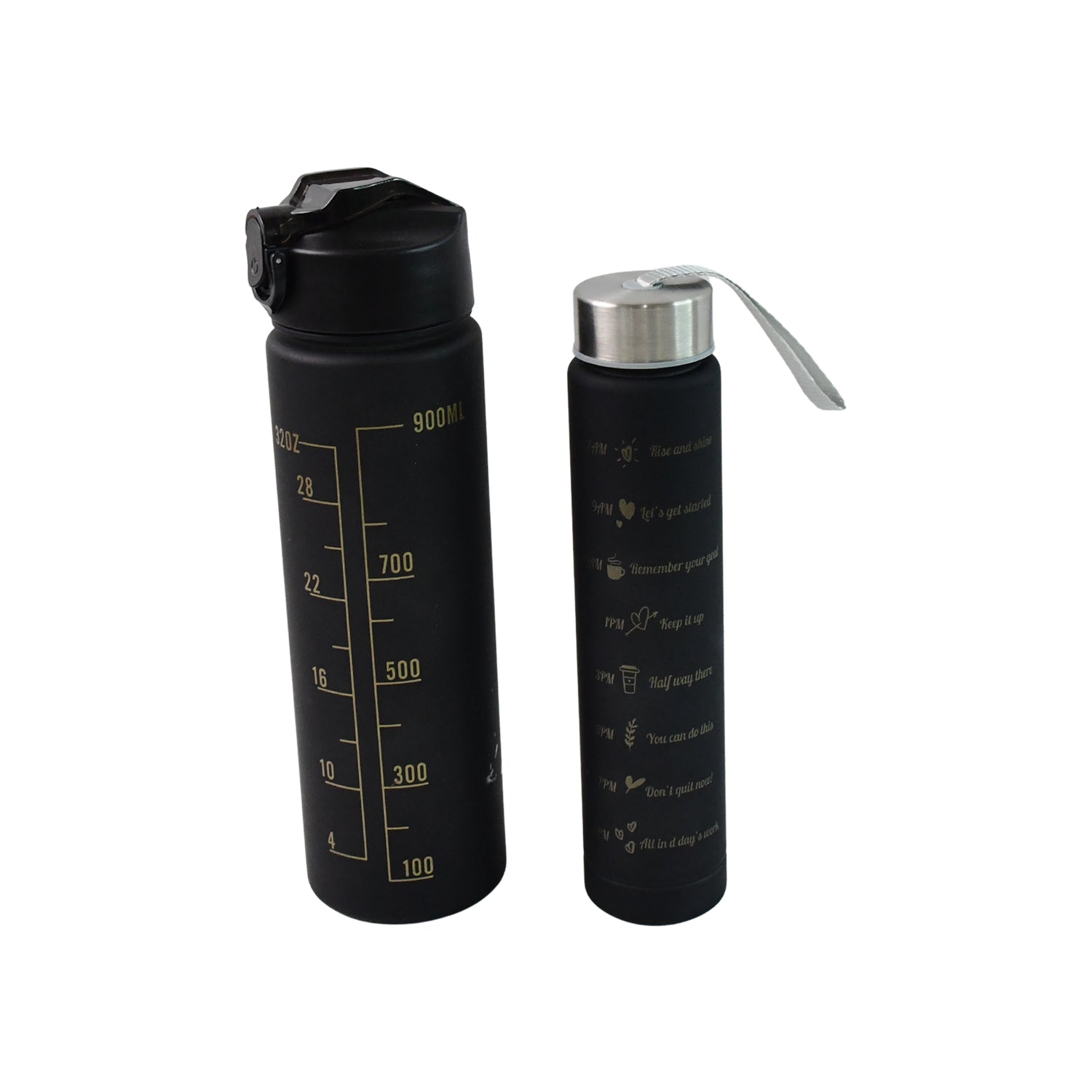2 Pc Premium Black Motivational Water Bottle Set (900 Ml + 300 Ml) Wukusy