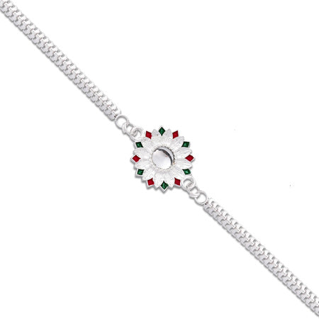 Elegant Silver-plated Floral Rakhi With Red And Green Meenakari Accents Wukusy