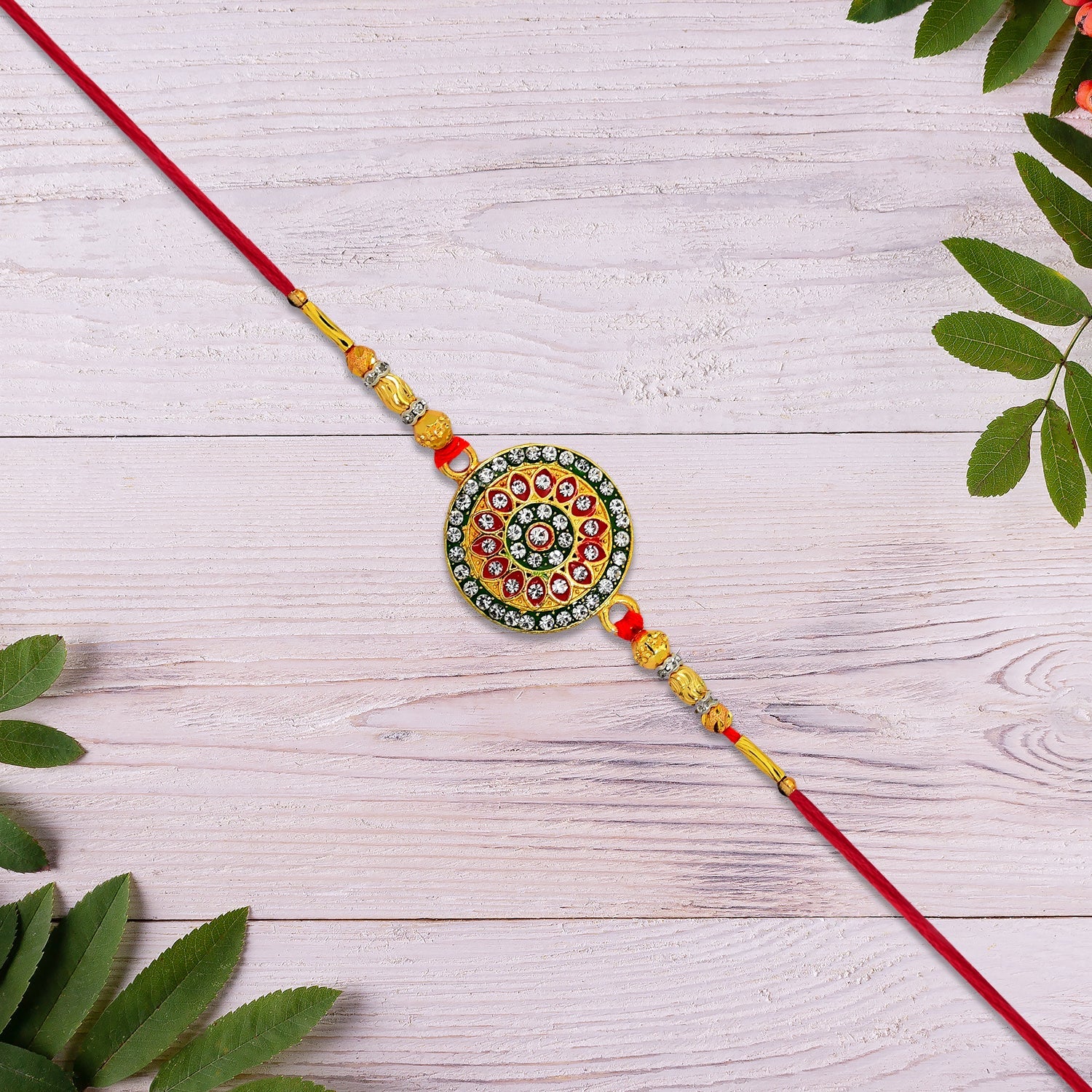 Royal Designer Rakhi With Kundan Centerpiece Red  Green Enamel Work And Golden Beads Wukusy