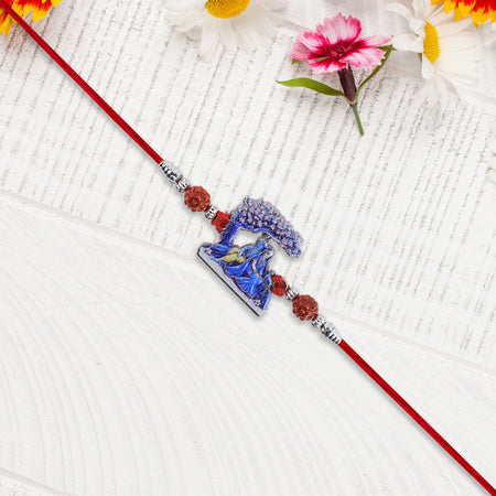 Radha Krishna Rakhi Under Tree Design With Rudraksha  Red Mauli Thread Wukusy