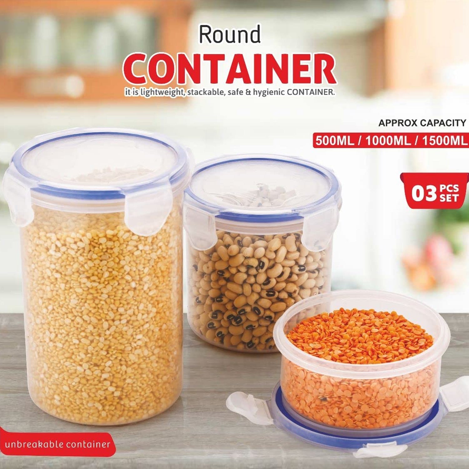 5828 Round Plastic Airtight Food Storage Containers With Leak Proof Locking Lid Storage Container Set Of 3( Approx Capacity 500ml1000ml1500ml Transparent) - 3 Pc Set Wukusy