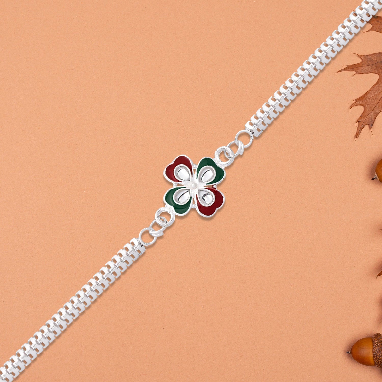 Designer Flower Rakhi With Mirror Stone Center And Dual-link Metal Chain Wukusy