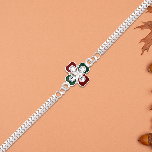 Designer Flower Rakhi With Mirror Stone Center And Dual-link Metal Chain