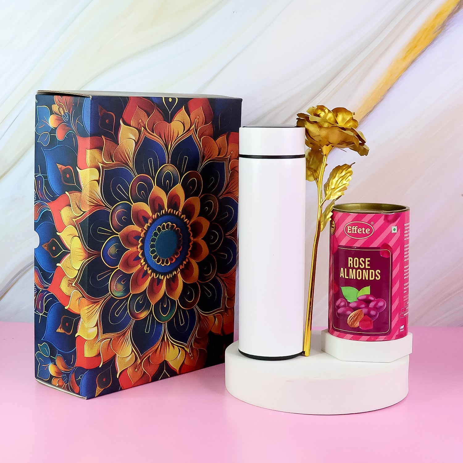 Effete Rose Almonds Gift Hamper Golden Rose With Bottle (3 Pc Set) Wukusy