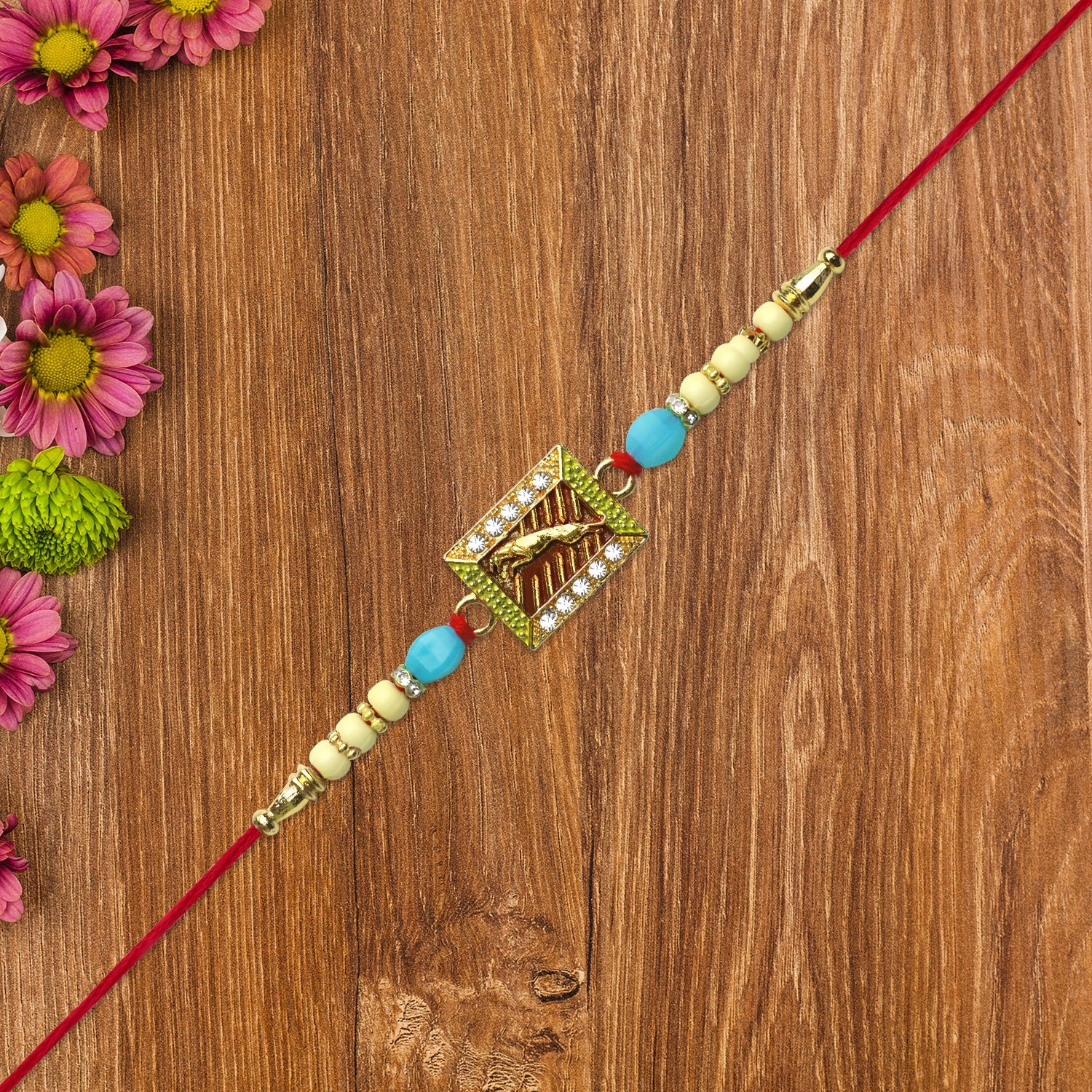 Leaping Deer Rakhi With Stone-studded Frame And Beads Wukusy