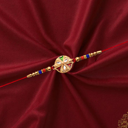 Designer Floral Rakhi With Mirror Work  Colorful Beads On Red Thread Wukusy