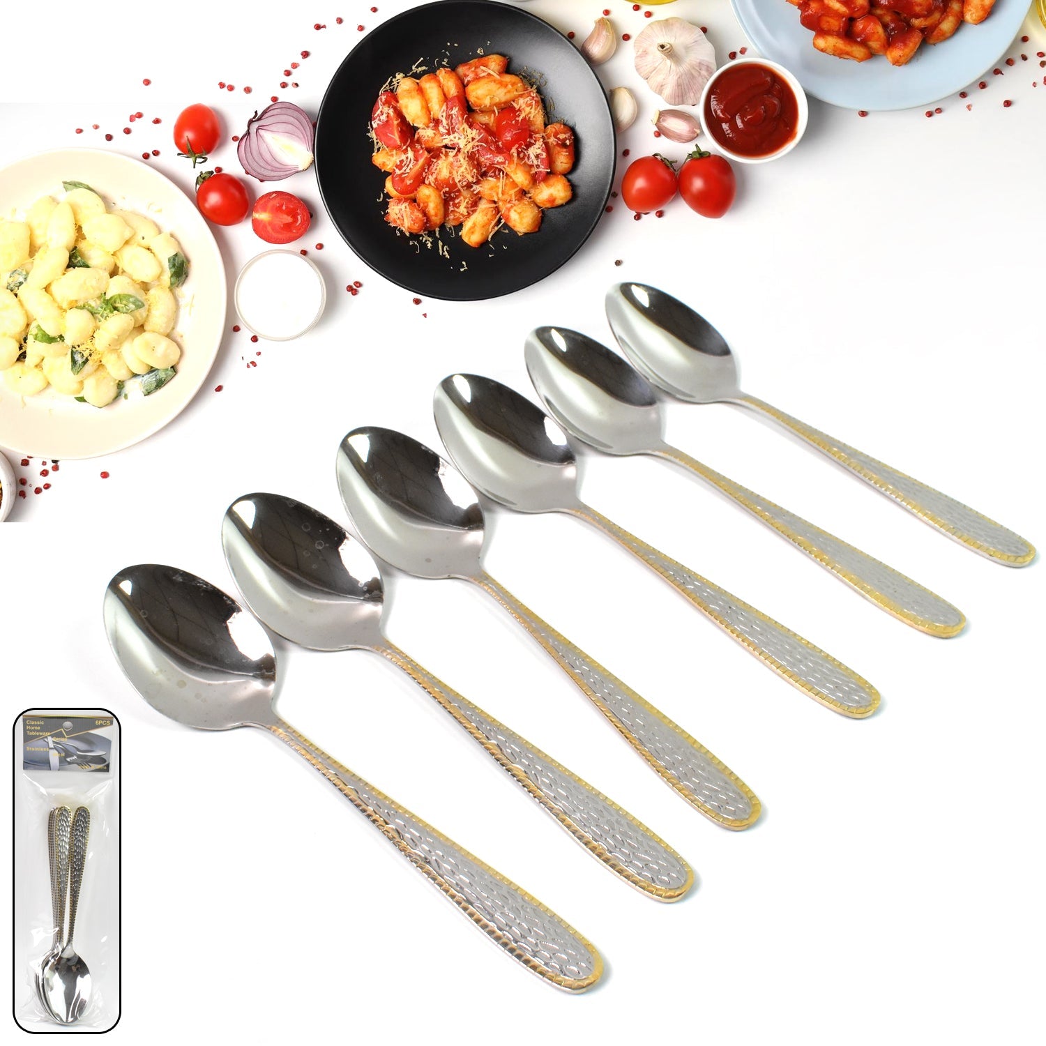 Stainless Steel Gold Bordered Textured Spoons Gold Plated Handle Set Of 6 Pc Wukusy