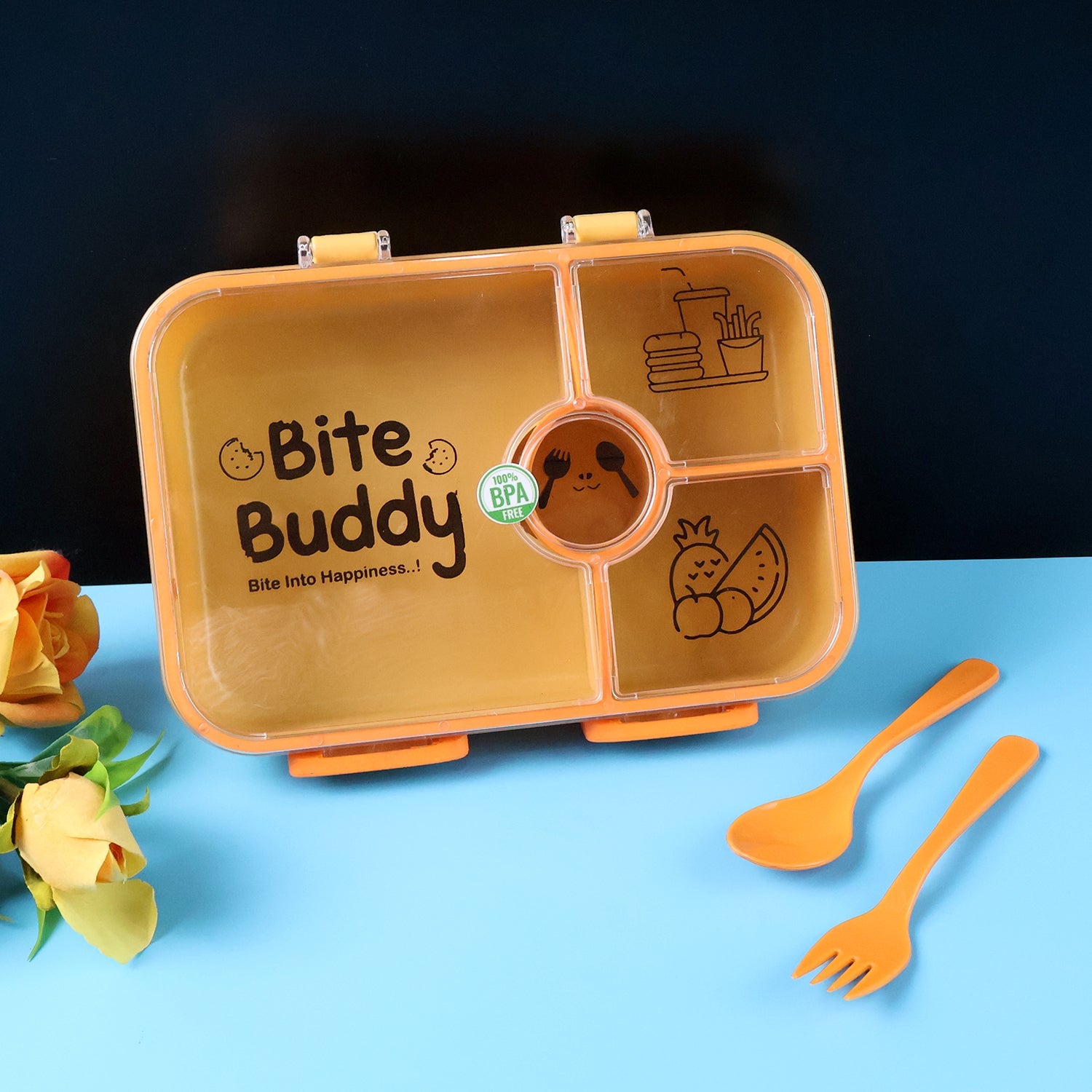 Bite Buddy 4-compartment Leak-resistant Plastic Lunch Box With Spoon  Fork Wukusy