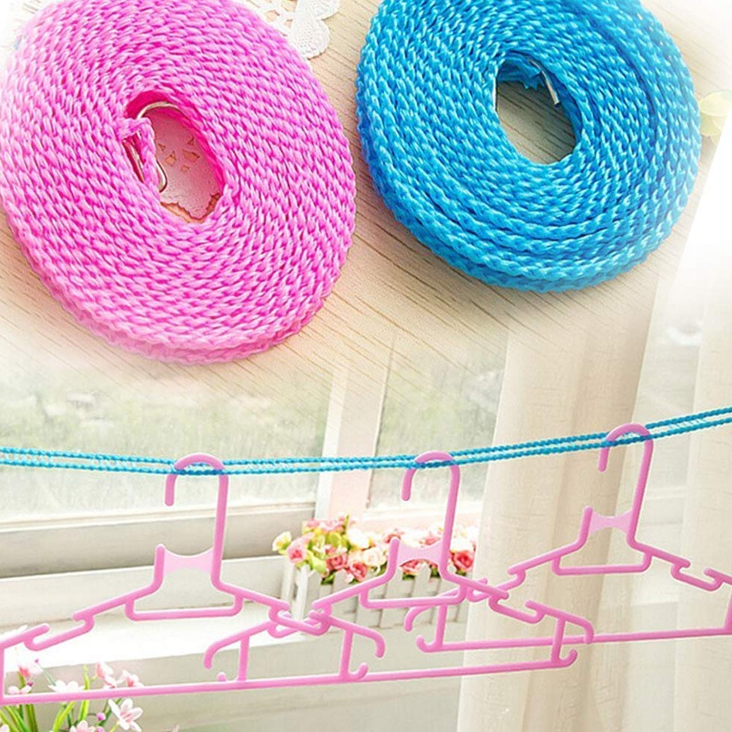 8861 3 Meters Windprood Anti-slip Clothes Washing Line Drying Nylon Rope With Hooks Durable Camping Clothesline Portable Clothes Drying Line Indoor Outdoor Laundry Storage For Travel Home Use (3 Mtr.) Wukusy