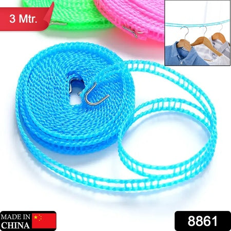 8861 3 Meters Windprood Anti-slip Clothes Washing Line Drying Nylon Rope With Hooks Durable Camping Clothesline Portable Clothes Drying Line Indoor Outdoor Laundry Storage For Travel Home Use (3 Mtr.) Wukusy