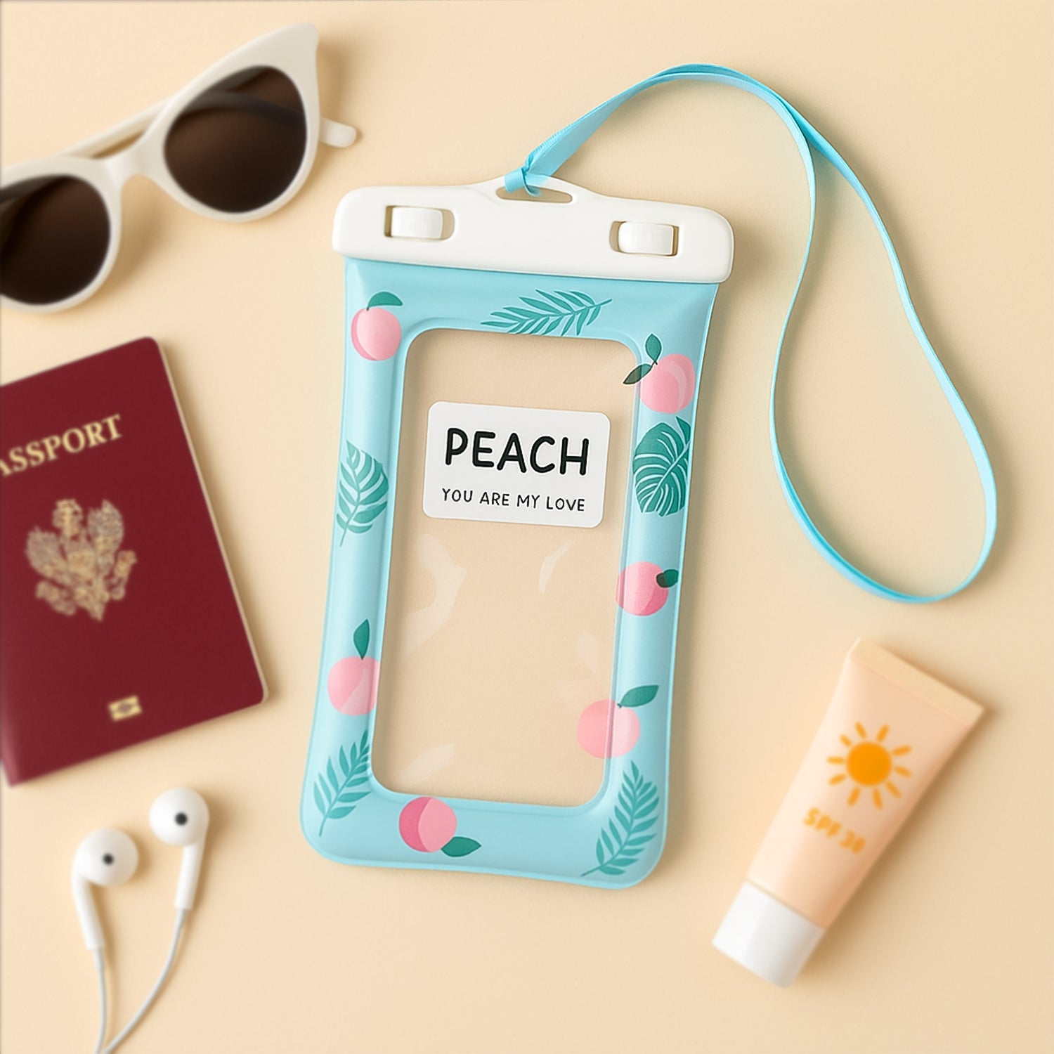 Waterproof Peach Transparent Mobile Pouch With Neck Strap (1 Pc) Wukusy