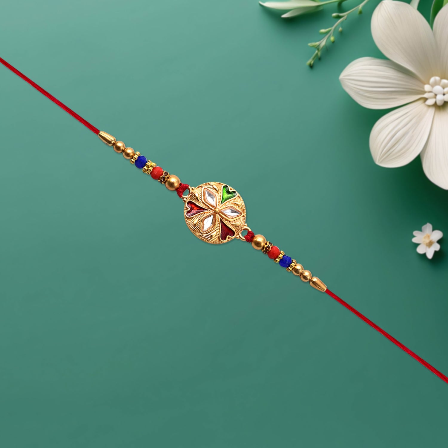 Designer Floral Rakhi With Mirror Work  Colorful Beads On Red Thread Wukusy