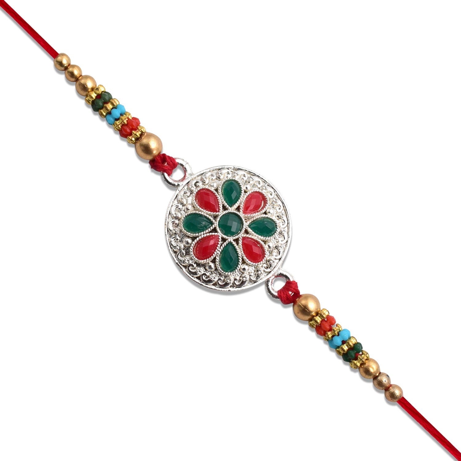 Silver Plated Floral Rakhi With Red  Green Stones Wukusy