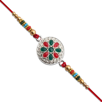Silver Plated Floral Rakhi With Red  Green Stones Wukusy