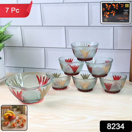 8234 Rose Glass Multipurpose Pudding  Dessert  Ice Cream Bowl Set For Home Use Home  Kitchen Serving Bowl For Sundae Sweets Snacks Fruit Pudding Nuts Or Dip Serving Bowls 6 Medium  1 Big Bowl (Set Of 7 Pc) Wukusy