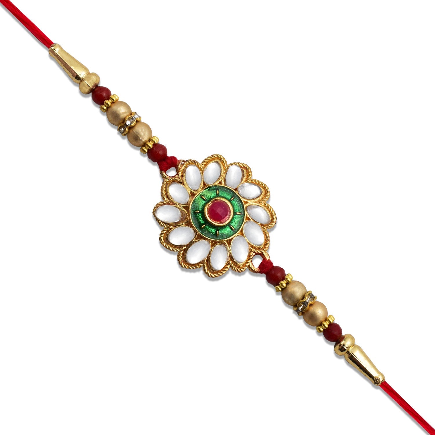Kundan Floral Rakhi With Green  Red Centerpiece Wukusy