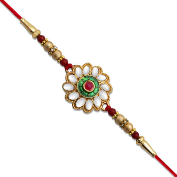 Kundan Floral Rakhi With Green  Red Centerpiece Wukusy