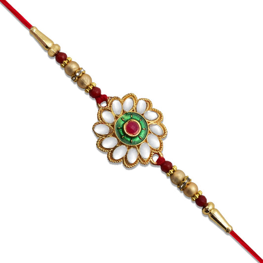 Kundan Floral Rakhi With Green  Red Centerpiece