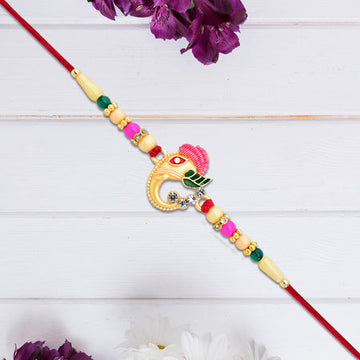 Stylish Ganesh Design Rakhi With Multicolor Beads And Gold Finish Accents Wukusy