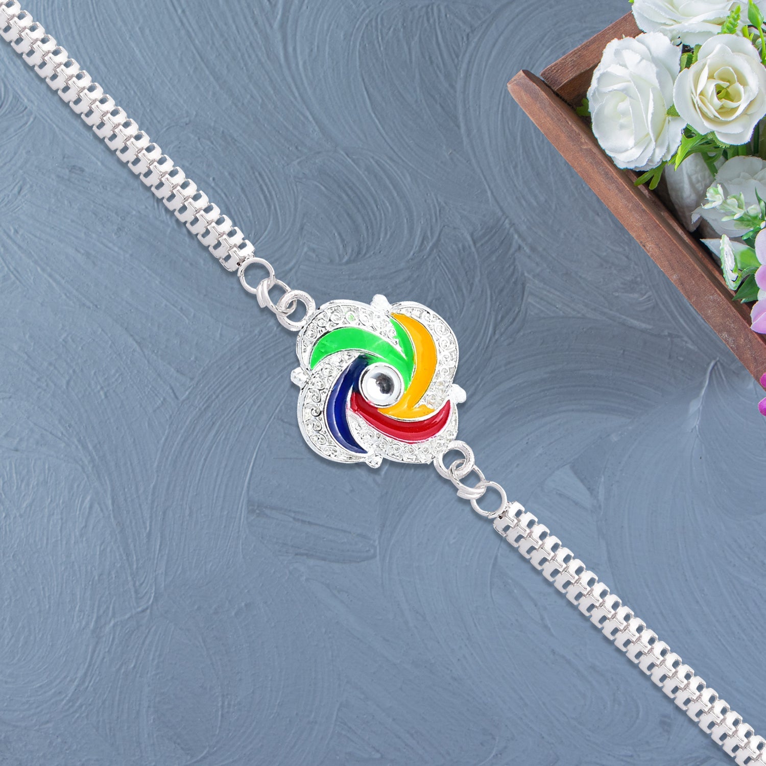 Stylish Silver Rakhi With Colorful Feather Detailing And Metal Chain Wukusy