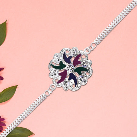 Silver Floral Rakhi With Multicolor Enamel  Chain Band Wukusy