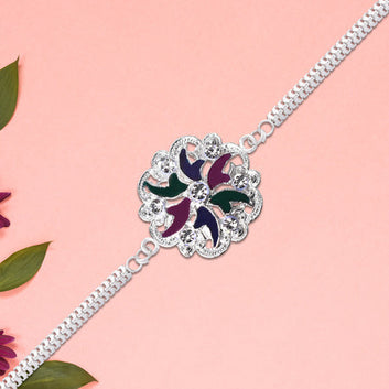 Silver Floral Rakhi With Multicolor Enamel  Chain Band