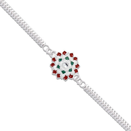 Round Shape Silver Chain Rakhi With  Red-green Accents Wukusy