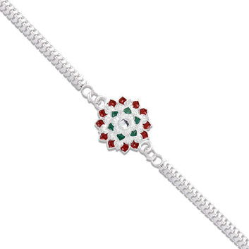 Round Shape Silver Chain Rakhi With  Red-green Accents