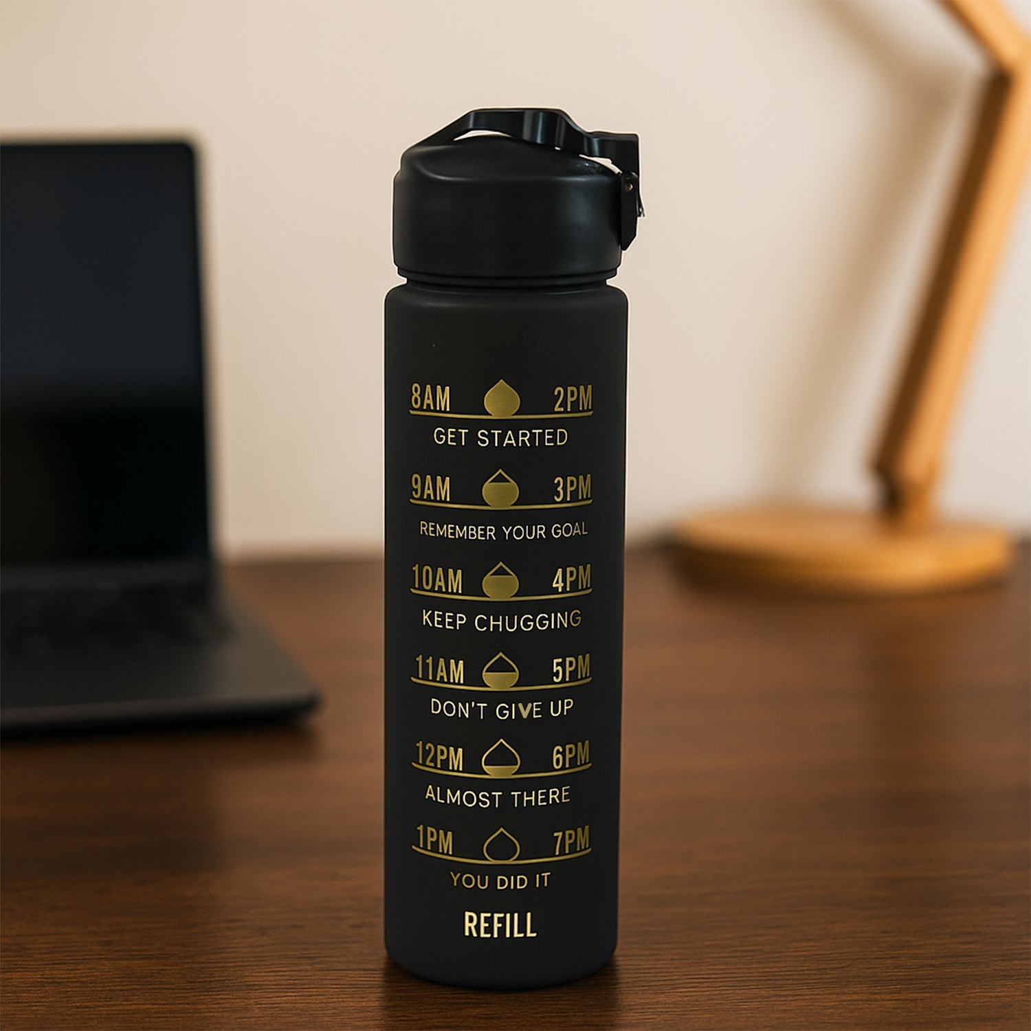 2 Pc Premium Black Motivational Water Bottle Set (900 Ml + 300 Ml) Wukusy