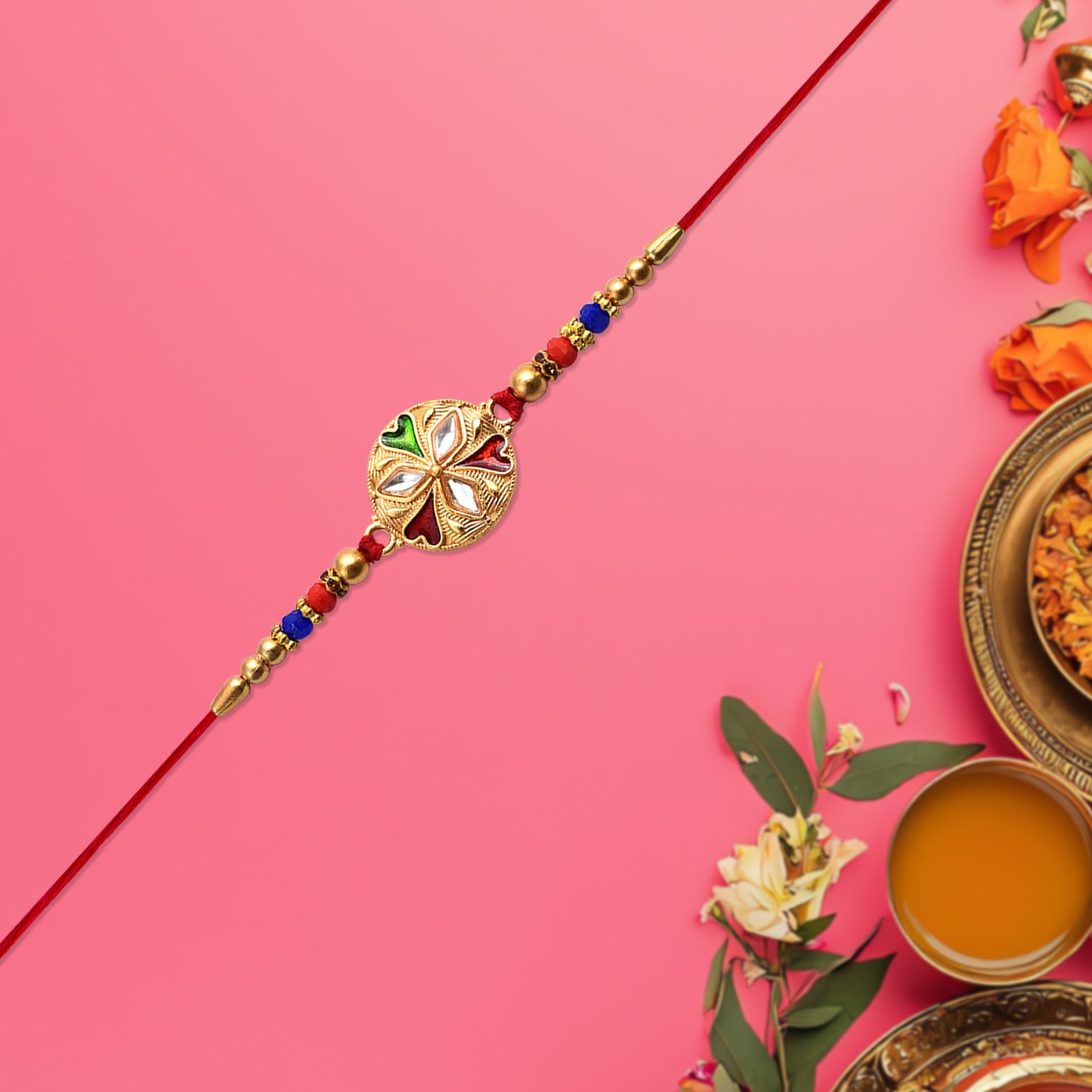 Designer Floral Rakhi With Mirror Work  Colorful Beads On Red Thread Wukusy