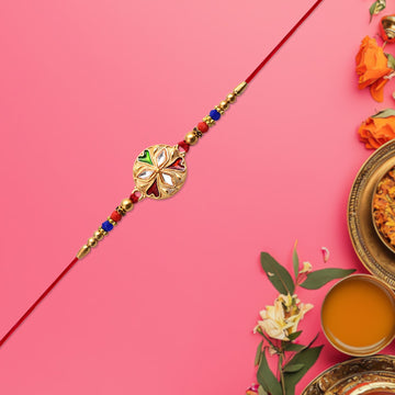 Designer Floral Rakhi With Mirror Work  Colorful Beads On Red Thread Wukusy