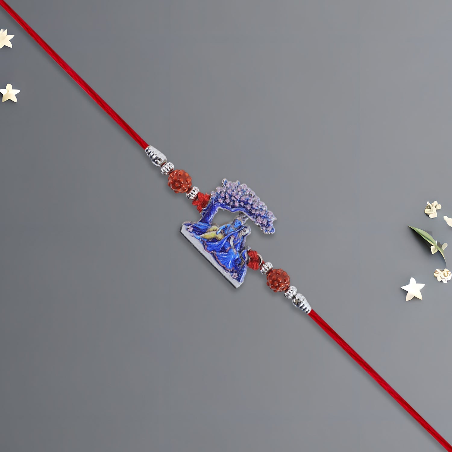 Radha Krishna Rakhi Under Tree Design With Rudraksha  Red Mauli Thread Wukusy